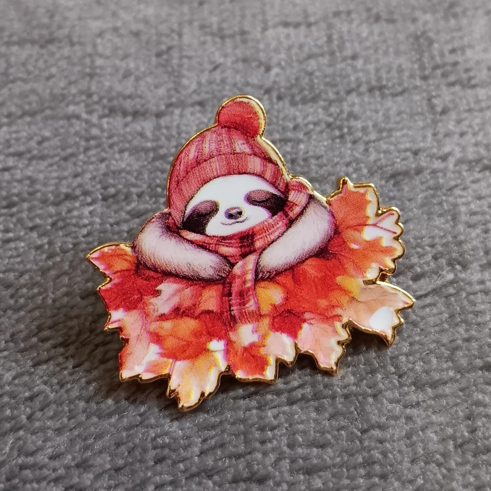 Autumn Whimsy Sloth Pin, Cottagecore Fall Brooch, Adorable Forest Woodland Bear